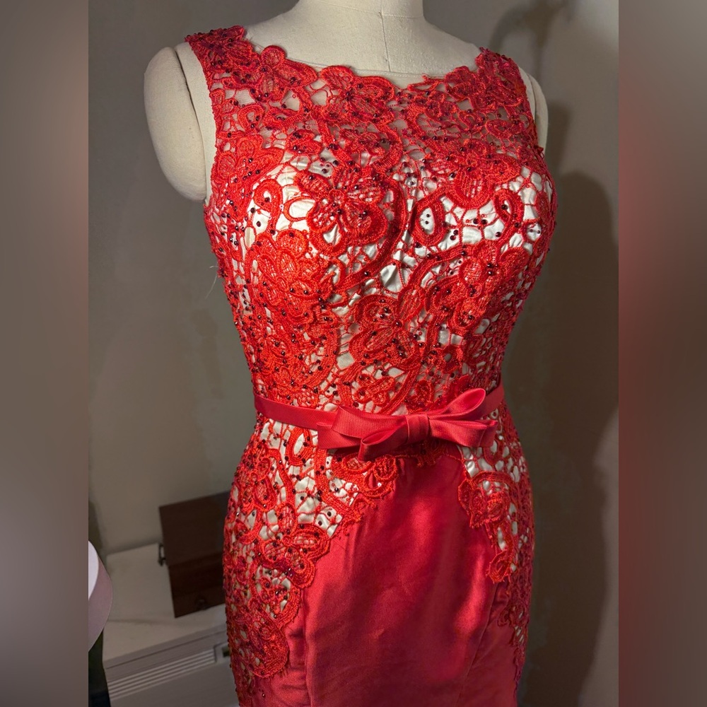 Custom made red gown with lace corset